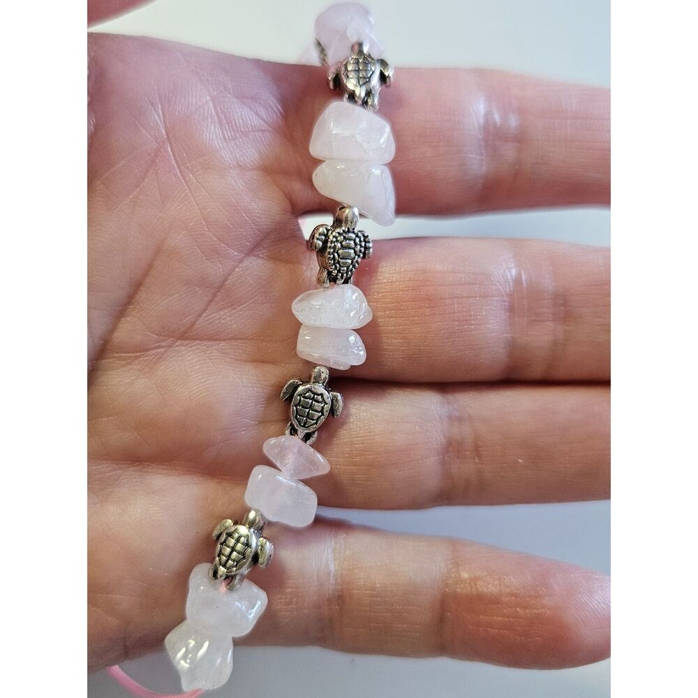 Silver tone turtle with rose quartz bracelet